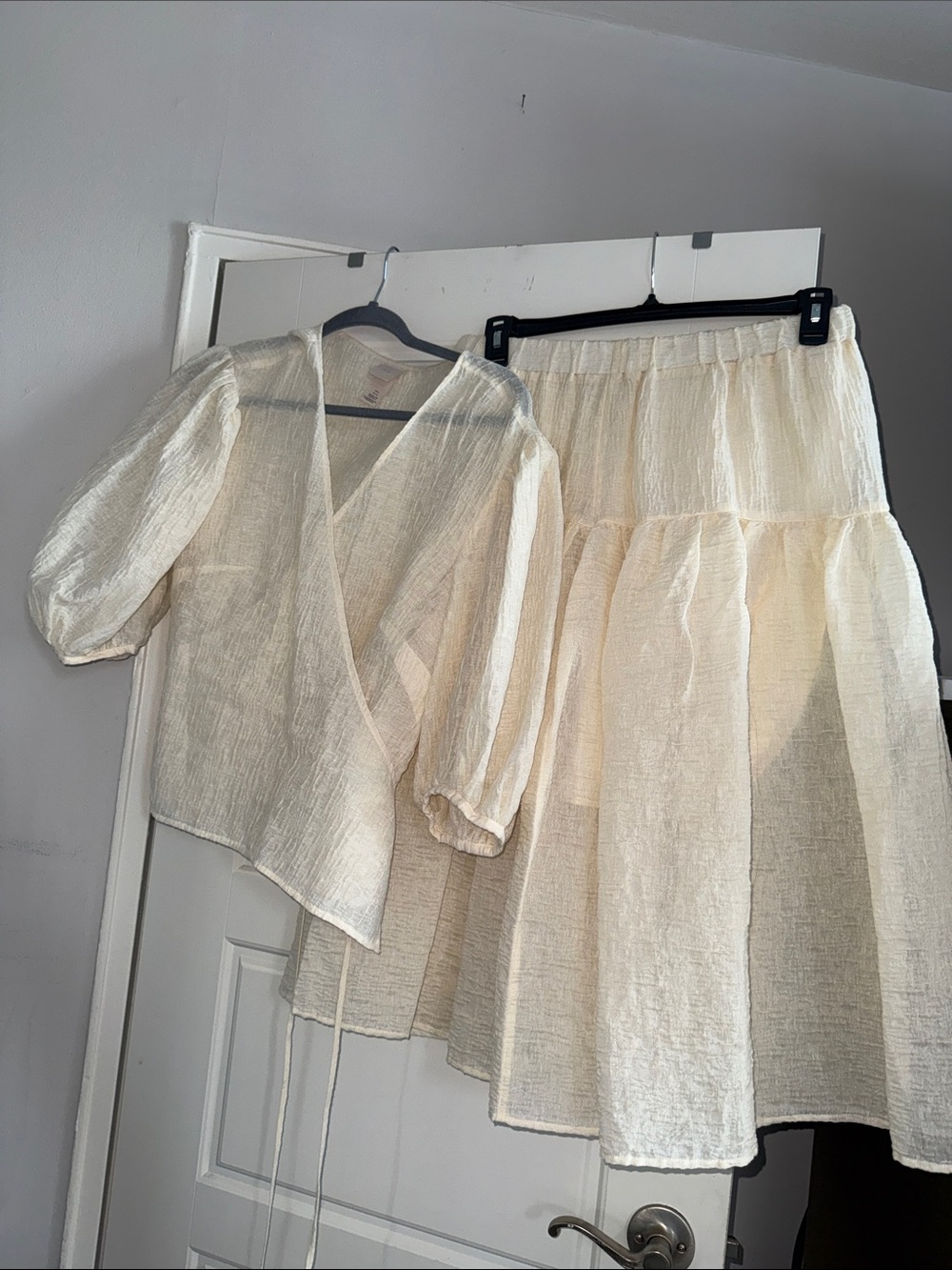 H&M Cream Textured Wrap Top and Tiered Skirt Set